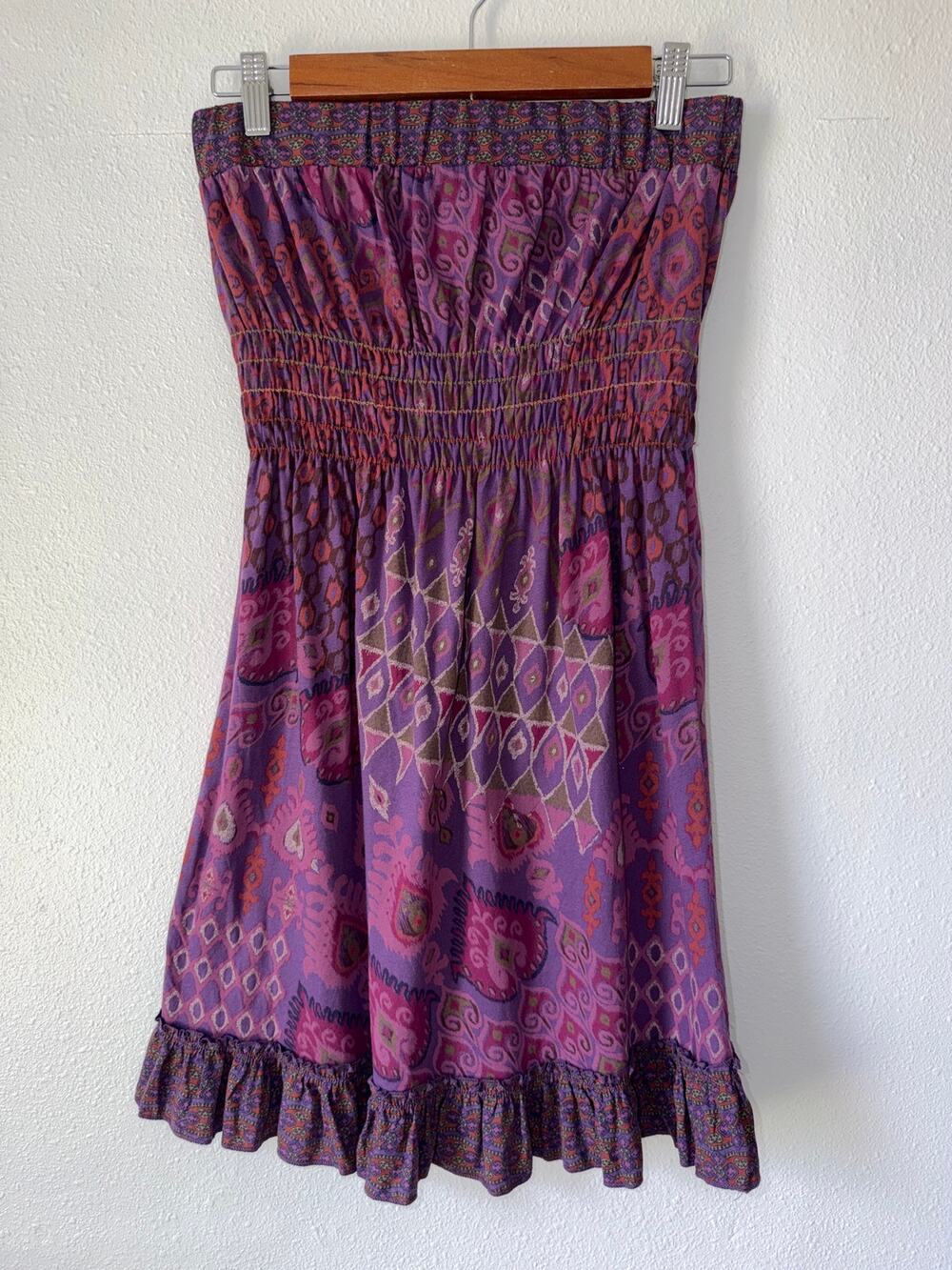 Strapless Boho Purple Floral Paisley Print Smocked  100% Cotton Size Large
